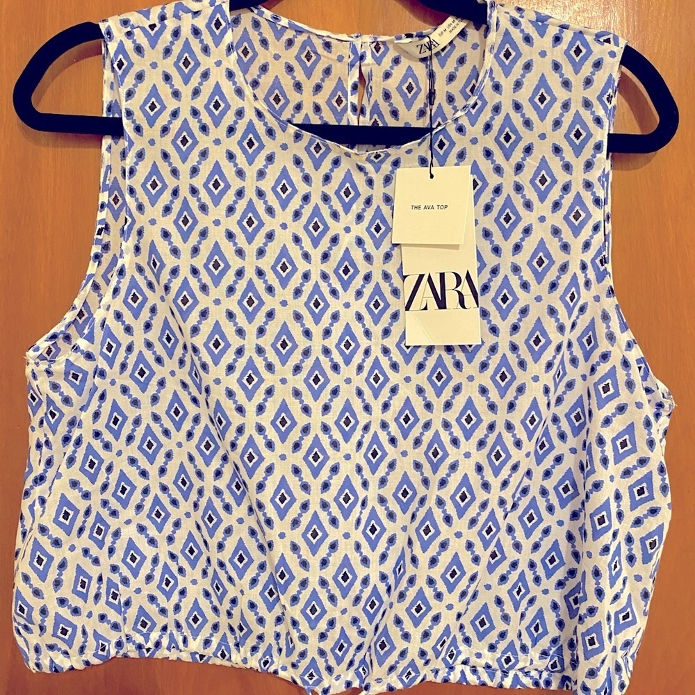 Zara Ava Sleeveless Blouse Top Shirt Blue White Cropped Drawstring Size Medium